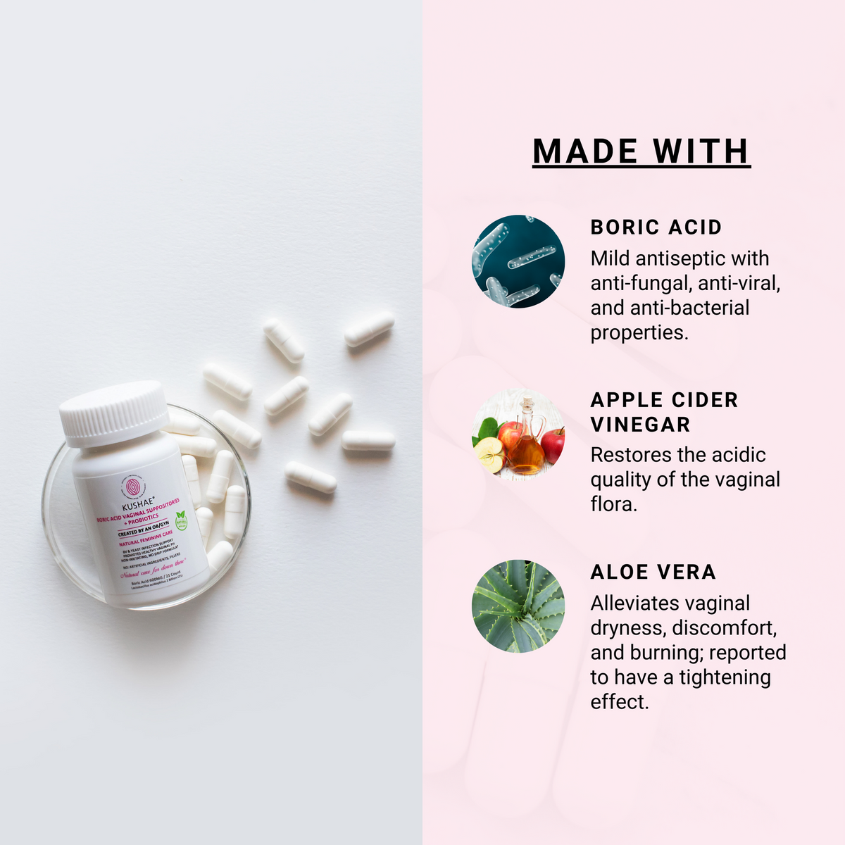 Kushae Boric Acid Suppositories + Probiotics & Aloe! with 10 Applicators